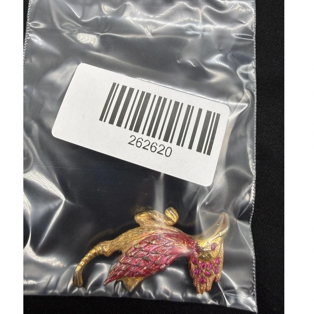 Vintage Gold Tone Pink Enamel Road Runner Bird Brooch Rhinestone Crest Pin Gift